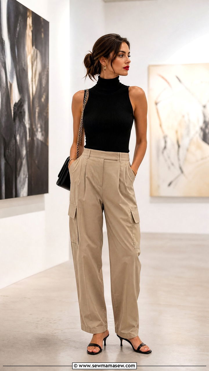Cargo pants with sleeveless turtleneck and kitten heels - 30 Summer outfits with cargo pants