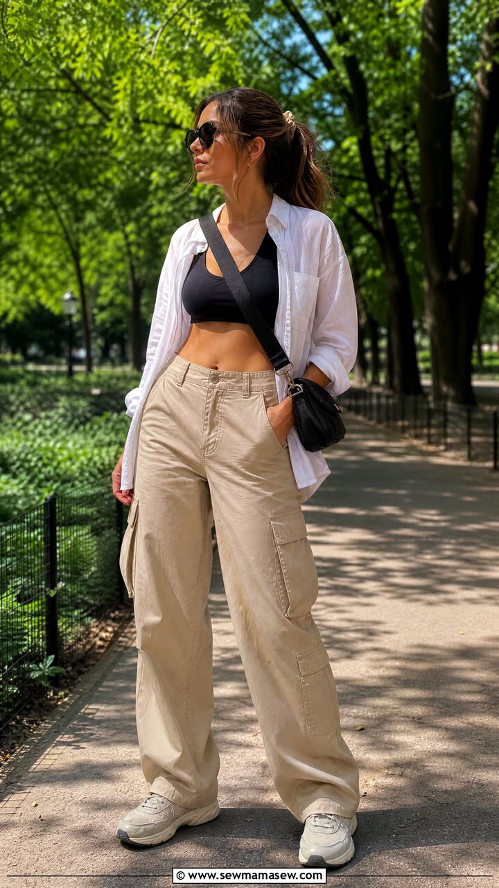 Cargo pants with sports bra and open button up - 30 Summer outfits with cargo pants
