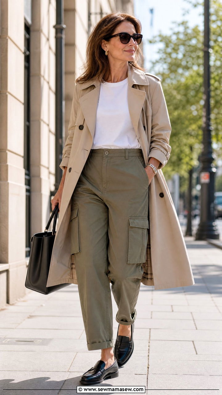 Cargo pants with trench coat and loafers - 25 Cargo pants outfit ideas for women over 40