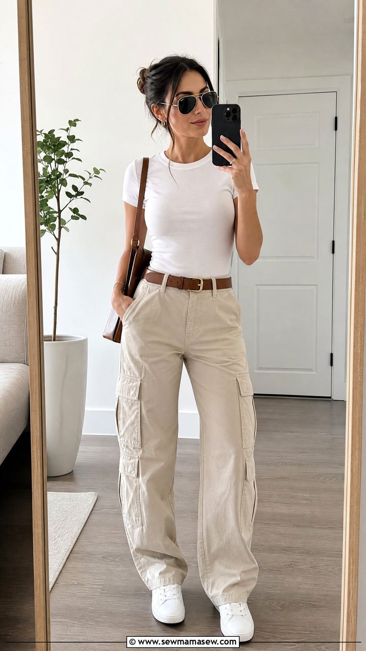 Cargo pants with tucked in tee and belt outfit - 30 Summer outfits with cargo pants