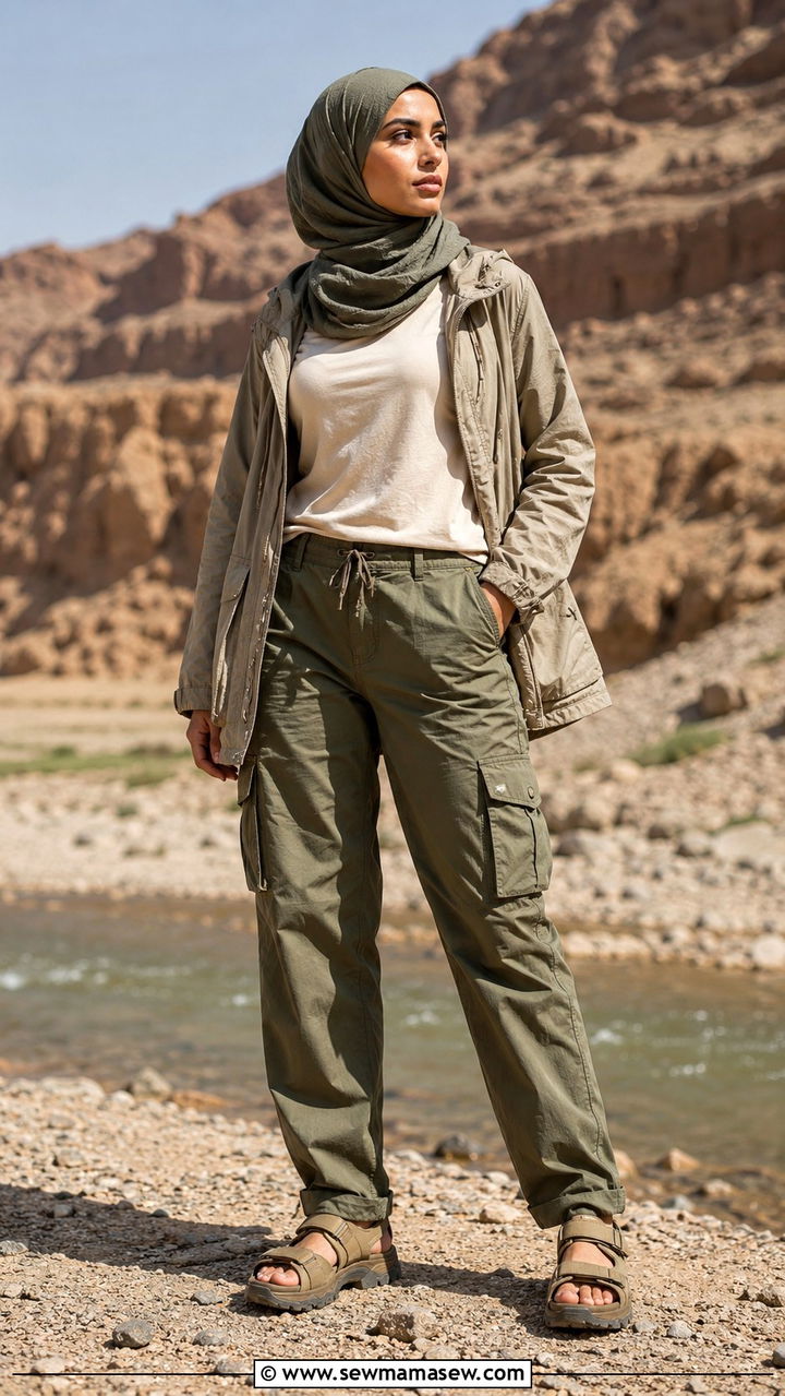 Cargo pants with utility jacket - 25 Vacation outfit ideas Muslim women