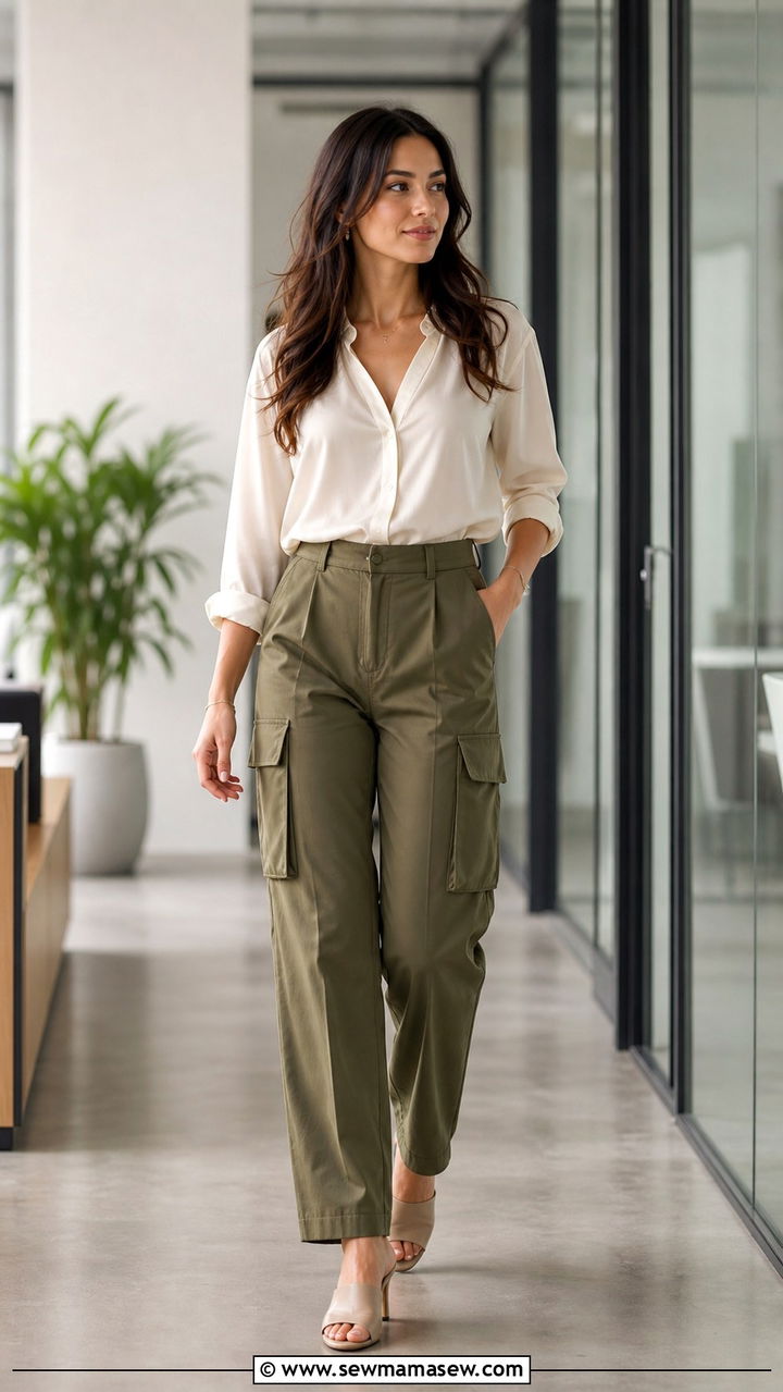 Cargo trousers with tucked in blouse and heeled mules - 40 casual office outfits