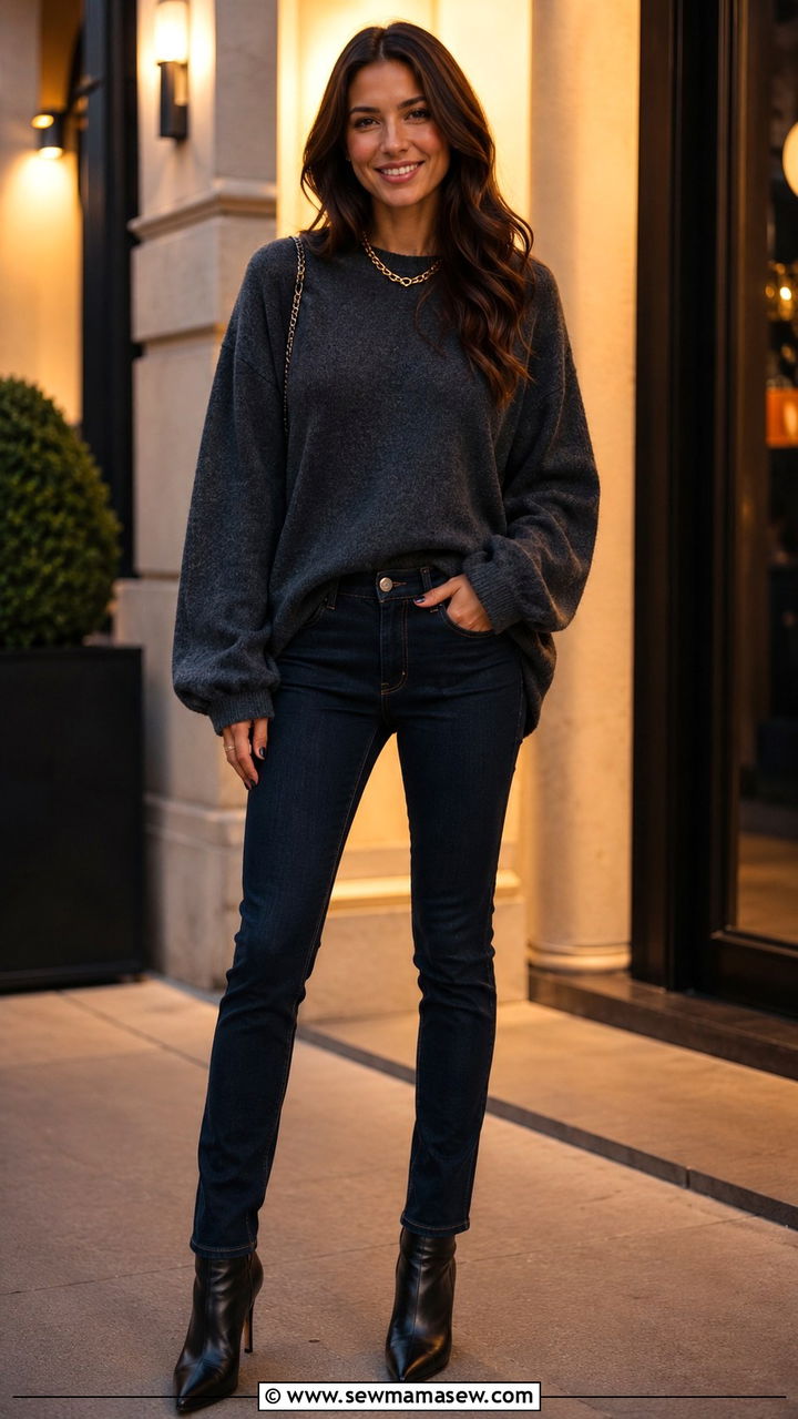 Cashmere Blend Sweater with Dark Slim Jeans and Pointed Boots - 30 Oversized sweater with jeans outfit ideas