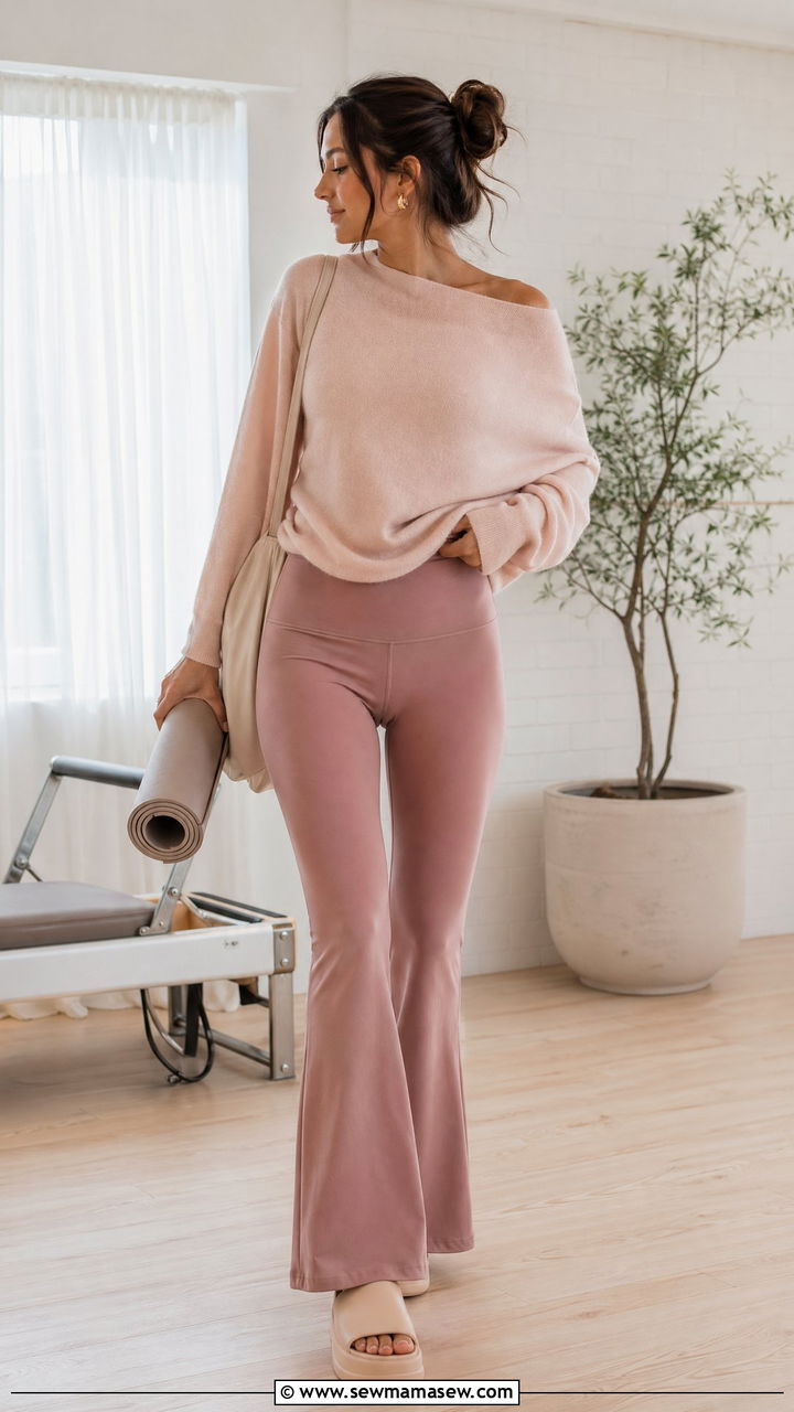 Cashmere Boatneck Top and Flare Yoga Pants - 35 Elegant loungewear outfit ideas