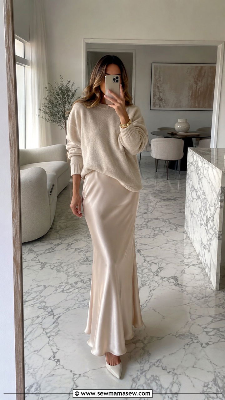 Cashmere Boyfriend Sweater and Satin Skirt - 25 Old money outfit ideas with cashmere