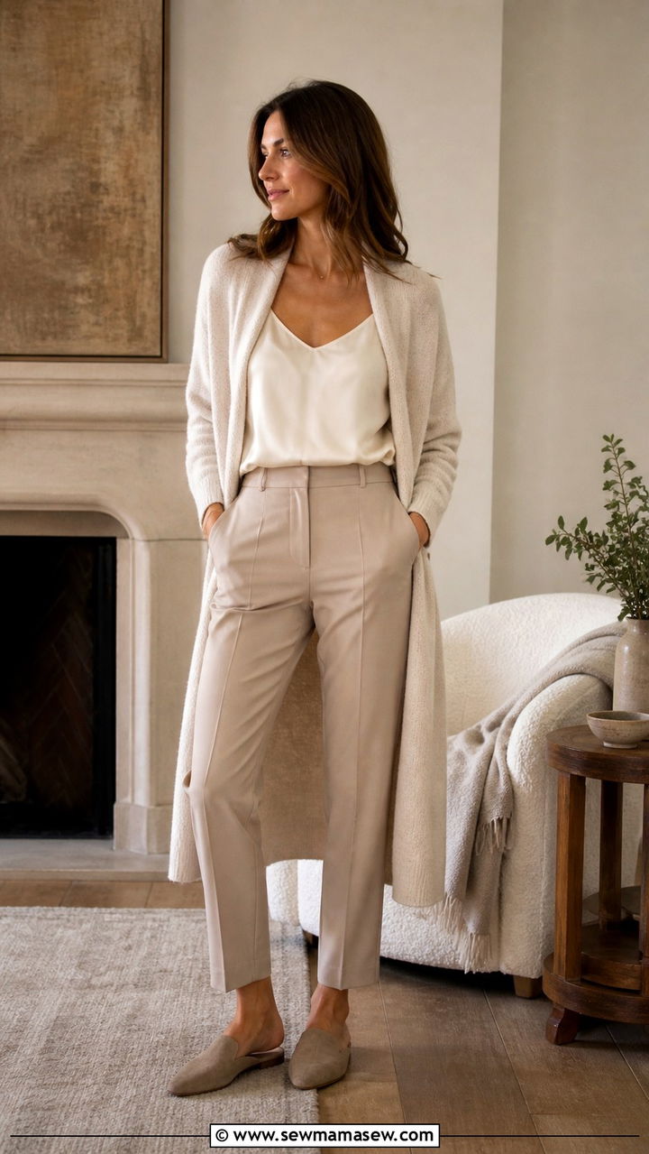 Cashmere Cardigan Over Silk Camisole And Trousers - 40 old money outfits for women