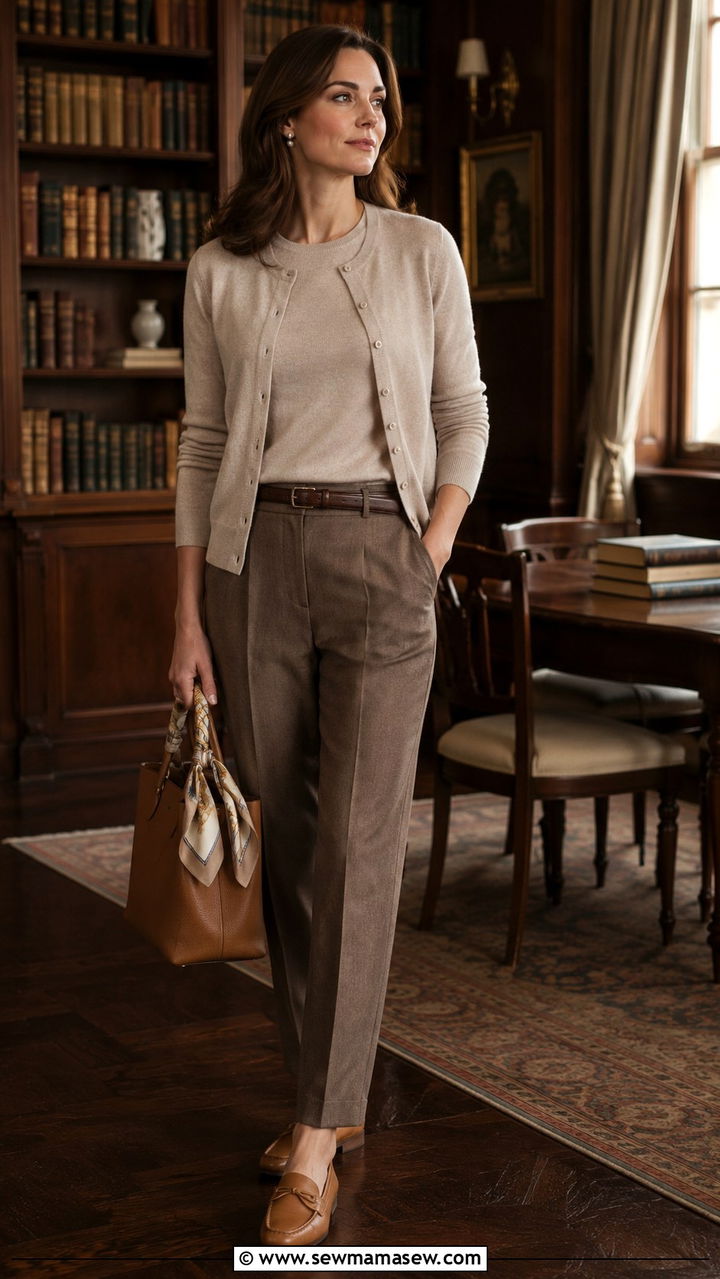 Cashmere Cardigan Set With Silk Scarf Bag Wrap - 20 Old money outfit ideas with silk scarf Hermes style