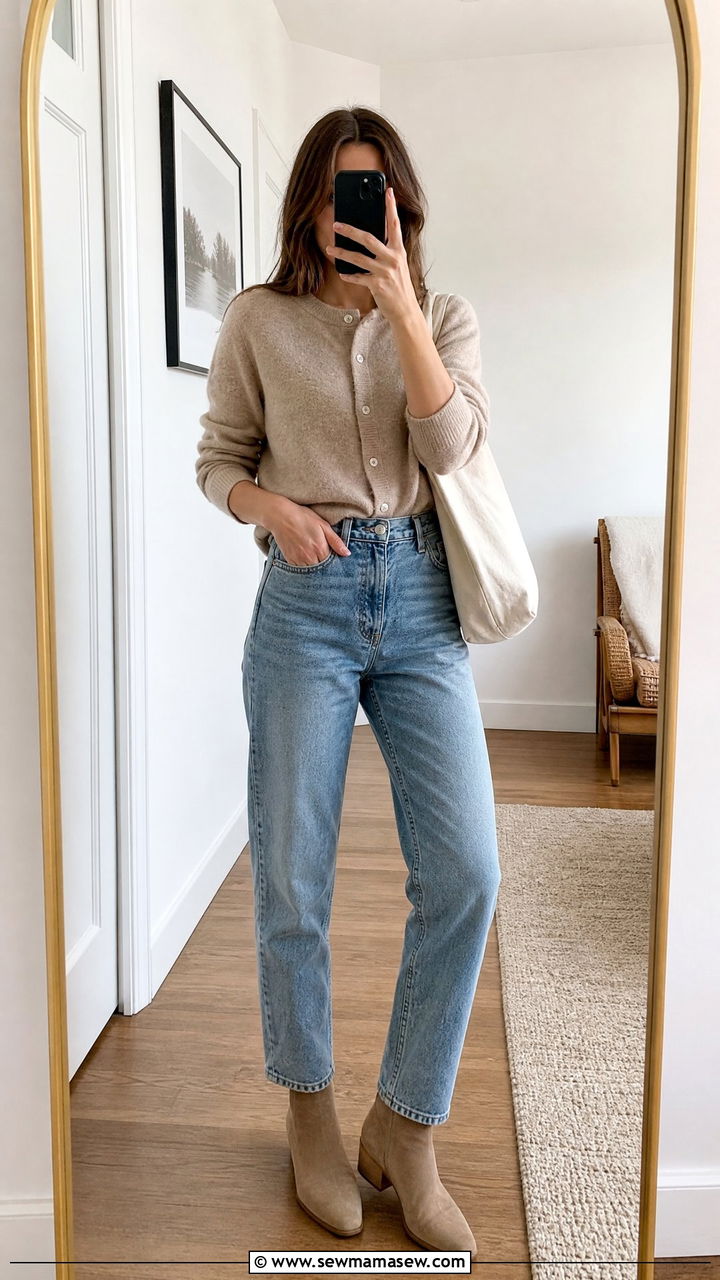 Cashmere Cardigan With Mom Jeans - 25 chic jeans outfit ideas