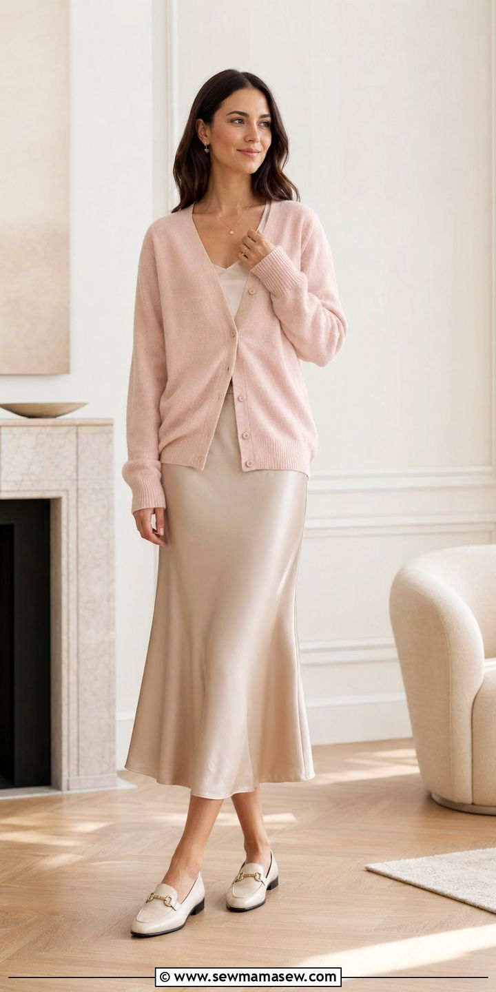 Cashmere Cardigan With Satin Midi Skirt And Loafers - 35 April outfit ideas