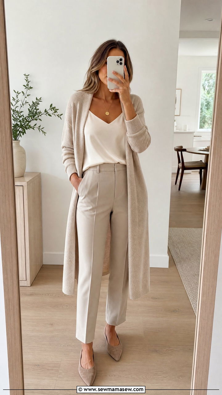Cashmere Cardigan With Silk Camisole And Tailored Pants - 30 classy trendy outfits