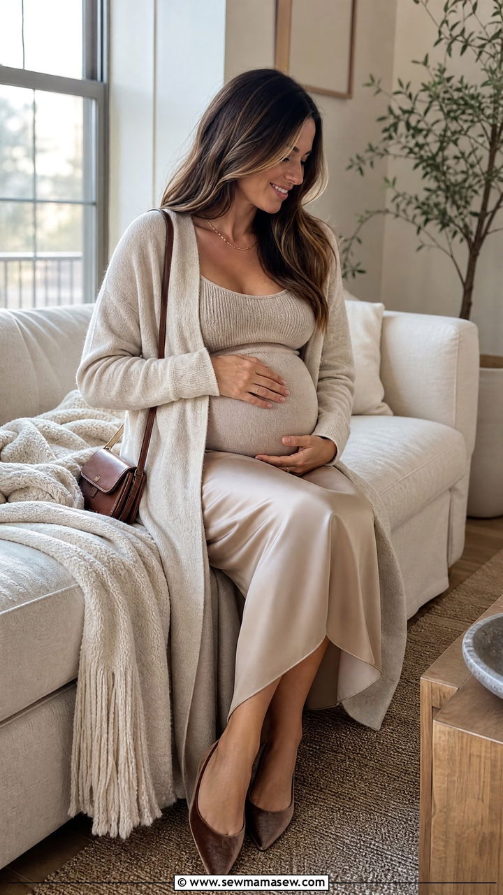 Cashmere Cardigan With Silky Slip Skirt - 25 Maternity announcement outfit ideas