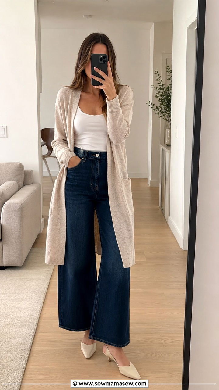 Cashmere Cardigan With Wide Leg Jeans And Mules - 30 Quiet luxury outfit ideas with jeans