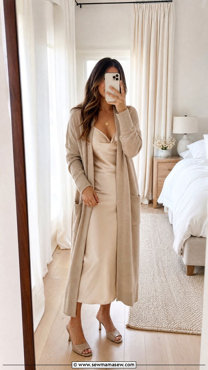 Cashmere Cardigan and Slip Dress - 25 Cashmere loungewear outfit ideas