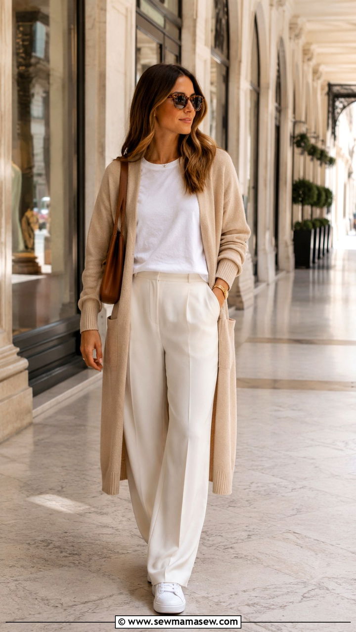 Cashmere Cardigan and Wide Leg Trousers - 25 Old money outfit ideas with cashmere
