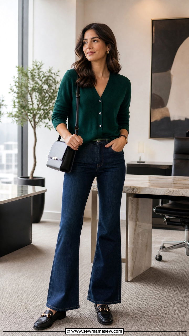 Cashmere Cardigan with Flare Jeans and Leather Loafers - 30 Flare jeans outfit ideas with a cardigan