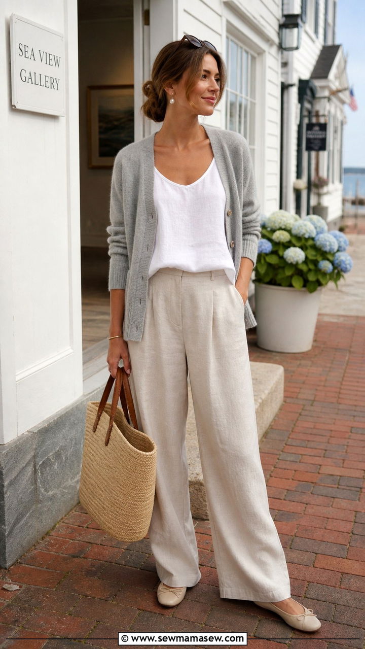 Cashmere Cardigan with Linen Tank and Wide Leg Trousers Outfit - 40 coastal grandmother outfits