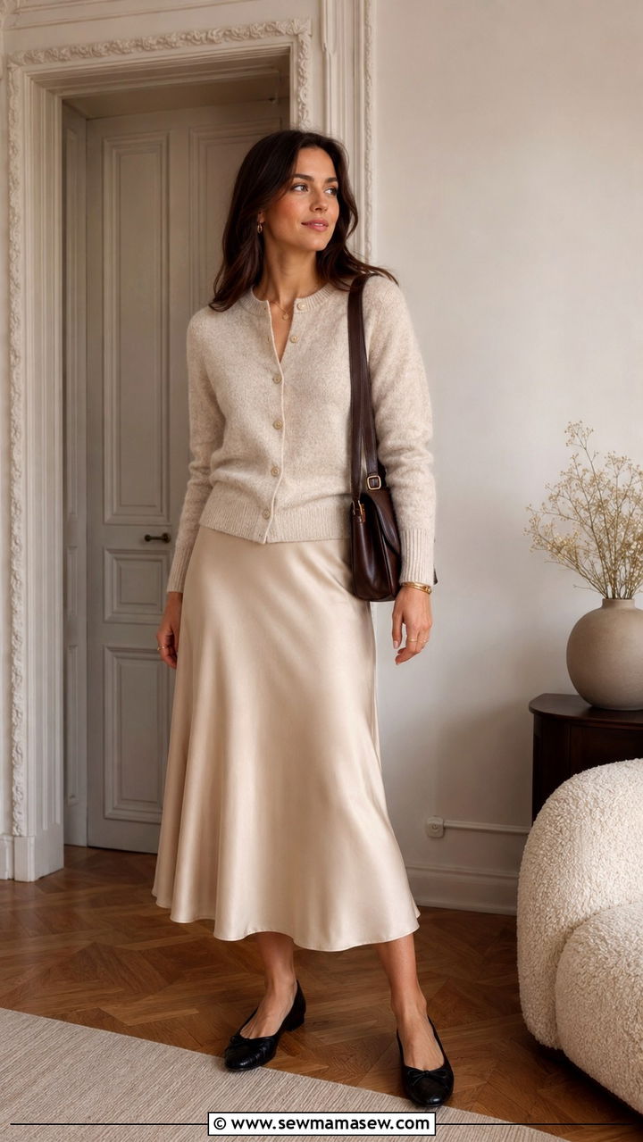 Cashmere Cardigan with Satin Midi Skirt and Ballet Flats - 30 classy scandinavian outfit ideas