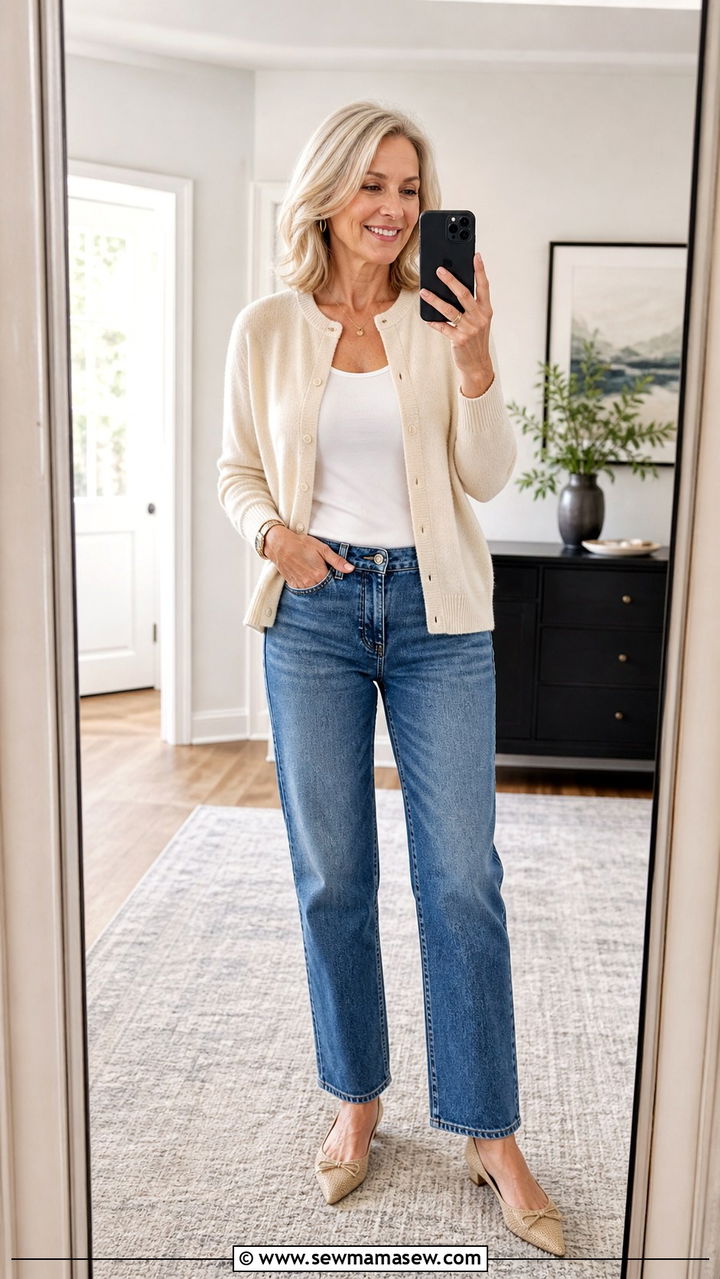 Cashmere Cardigan with Straight Leg Jeans - 40 Outfit ideas for women over 50