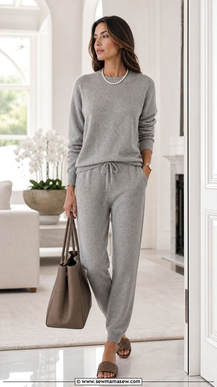 Cashmere Co Ord Lounge Set With Leather Slides - 25 Loungewear co-ord set outfit ideas