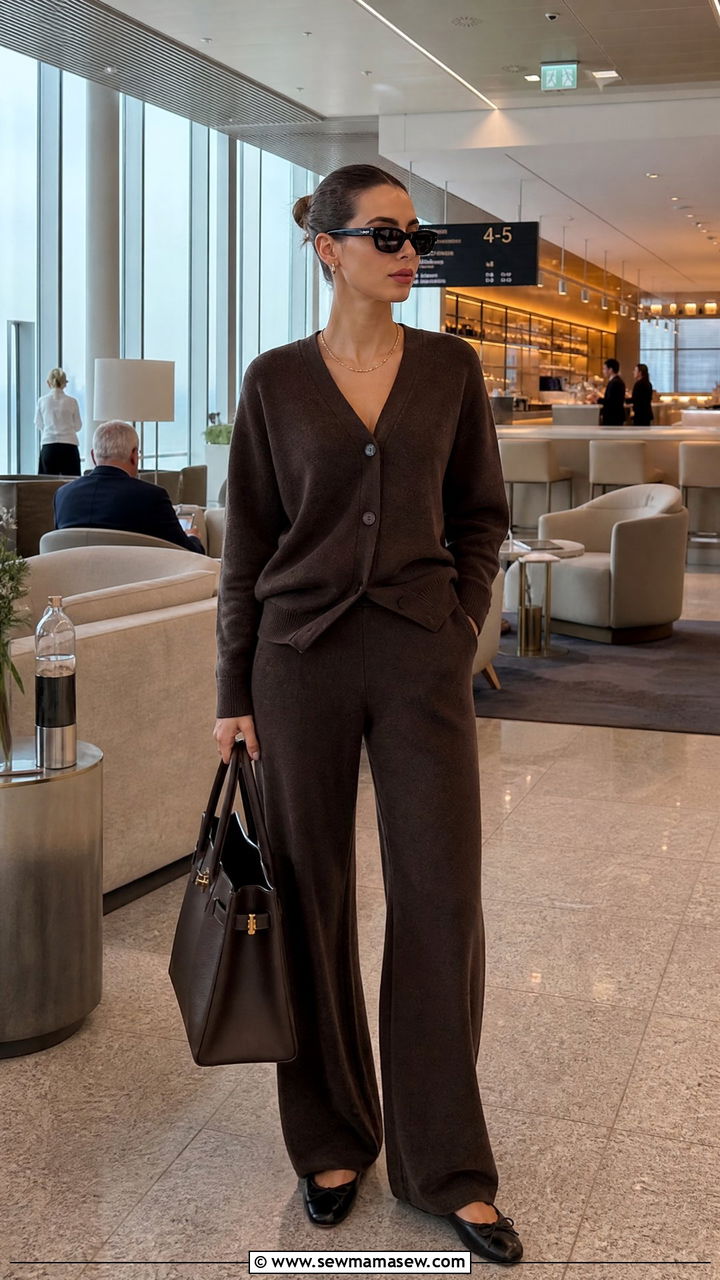 Cashmere Coord Set with Ballet Flats - 25 Loungewear outfit ideas for travel