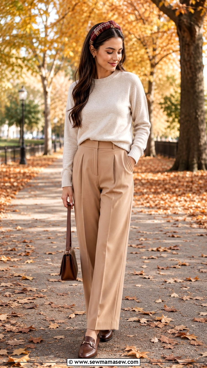 Cashmere Crewneck And Pleated Trousers With Plaid Headband - 25 Old money outfit ideas with headband