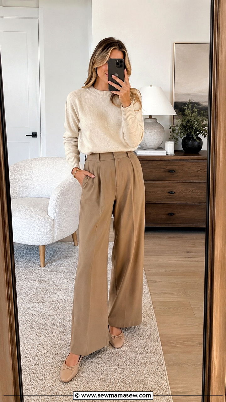 Cashmere Crewneck And Wide Leg Trousers With Ballet Flats - 25 Old money outfit ideas with ballet flats