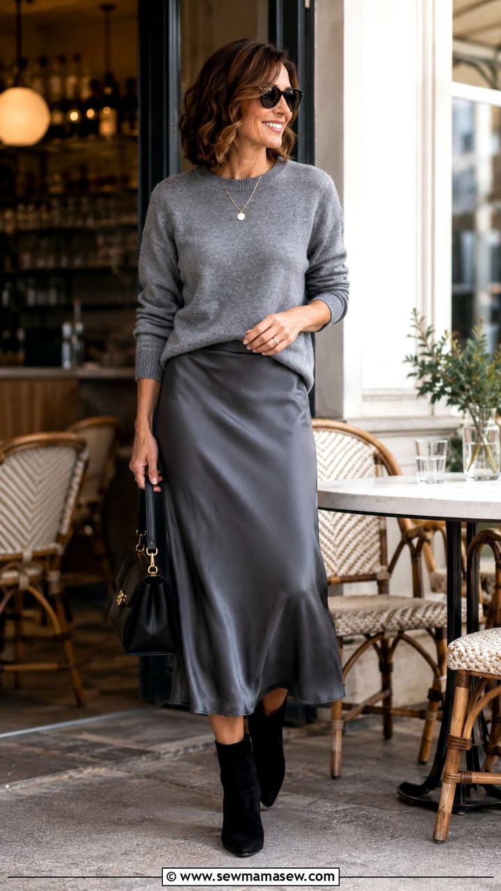 Cashmere Crewneck Sweater With Midi Skirt and Ankle Boots - 30 Capsule wardrobe women over 40