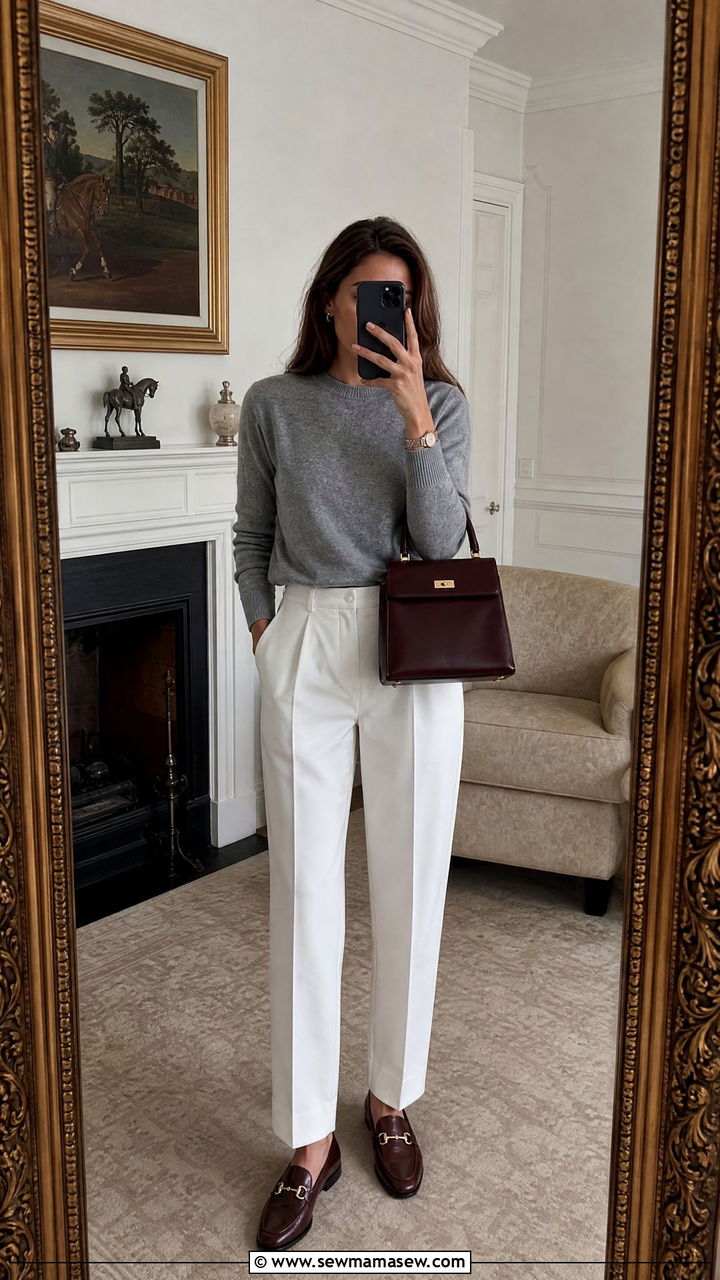 Cashmere Crewneck Sweater With Pleated Trousers - 25 Old money outfit ideas equestrian