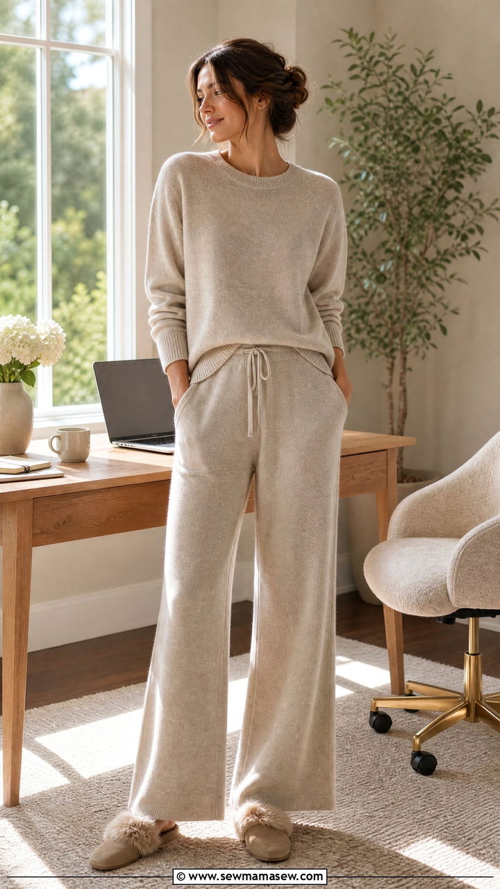 Cashmere Crewneck Sweater With Wide Leg Knit Trousers - 35 Hygge outfit ideas