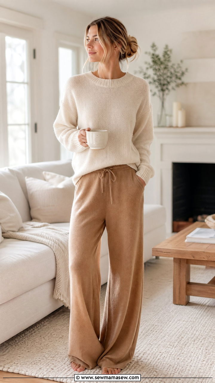 Cashmere Crewneck Sweater and Wide Leg Lounge Pants - 35 Elegant loungewear outfit ideas