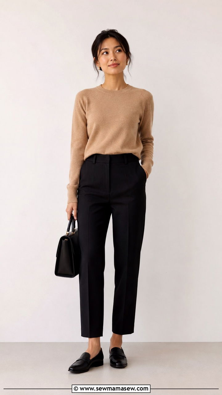 Cashmere Crewneck Sweater with Black Tailored Trousers for Petites - 30 Old money outfit ideas petite