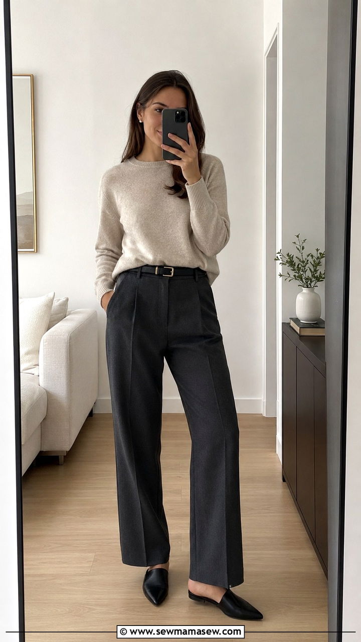 Cashmere Crewneck Sweater with High Waist Trousers - 20 Quiet luxury outfit ideas Succession Logan