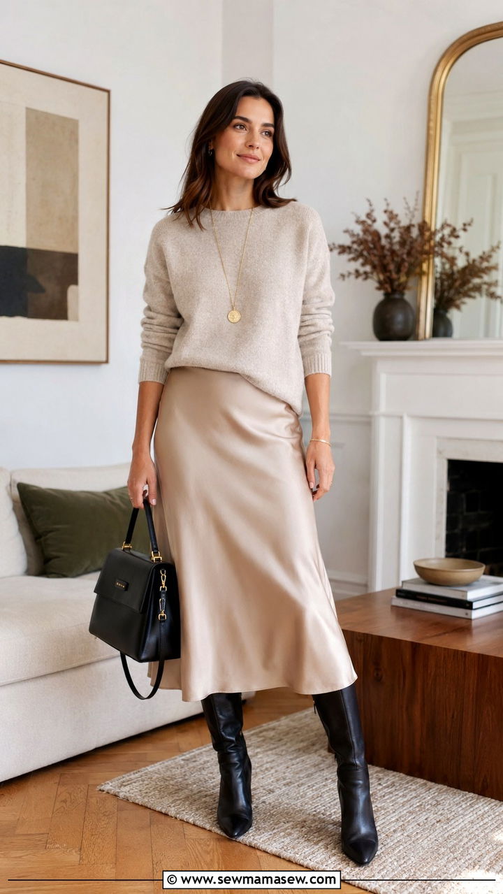 Cashmere Crewneck Sweater with Midi Skirt and Knee High Boots - 20 Quiet luxury outfit ideas Succession Shiv