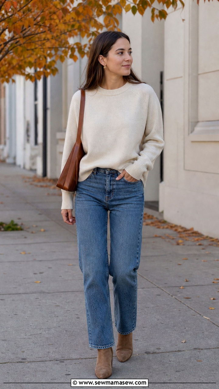 Cashmere Crewneck Sweater with Straight Leg Jeans - 40 clean girl outfits