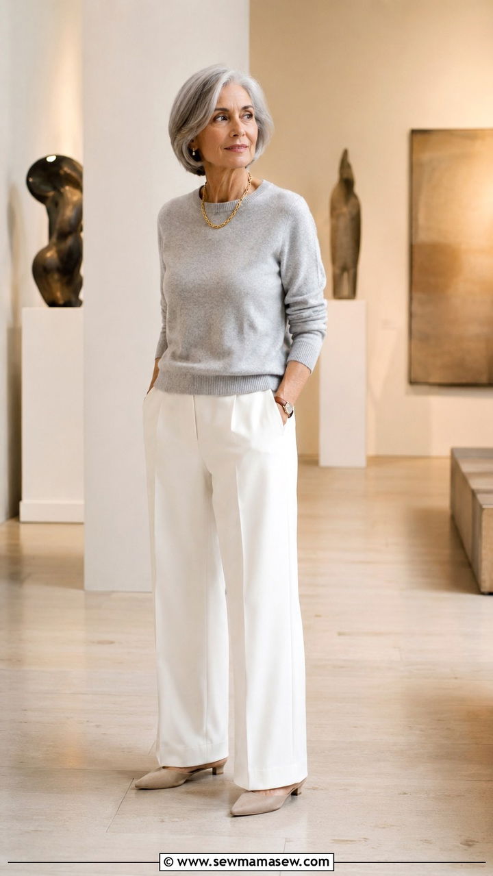 Cashmere Crewneck Sweater with White Wide Leg Trousers - 30 Petite outfits for women over 60