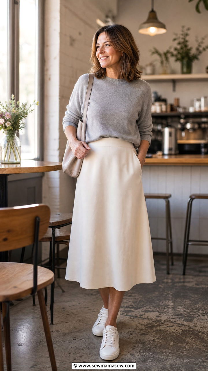 Cashmere Crewneck With A Line Midi Skirt - 30 clean girl outfit ideas for women over 40
