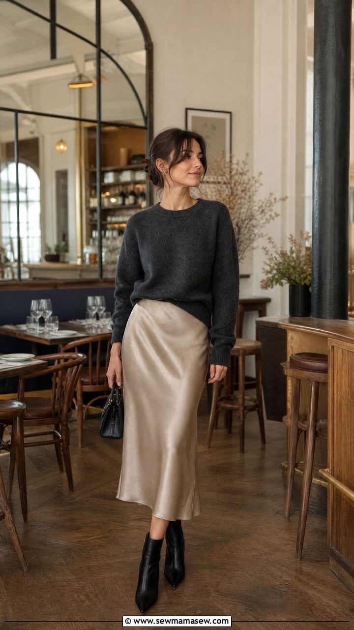 Cashmere Crewneck With A Satin Slip Skirt and Ankle Boots - 30 French girl outfit ideas petite