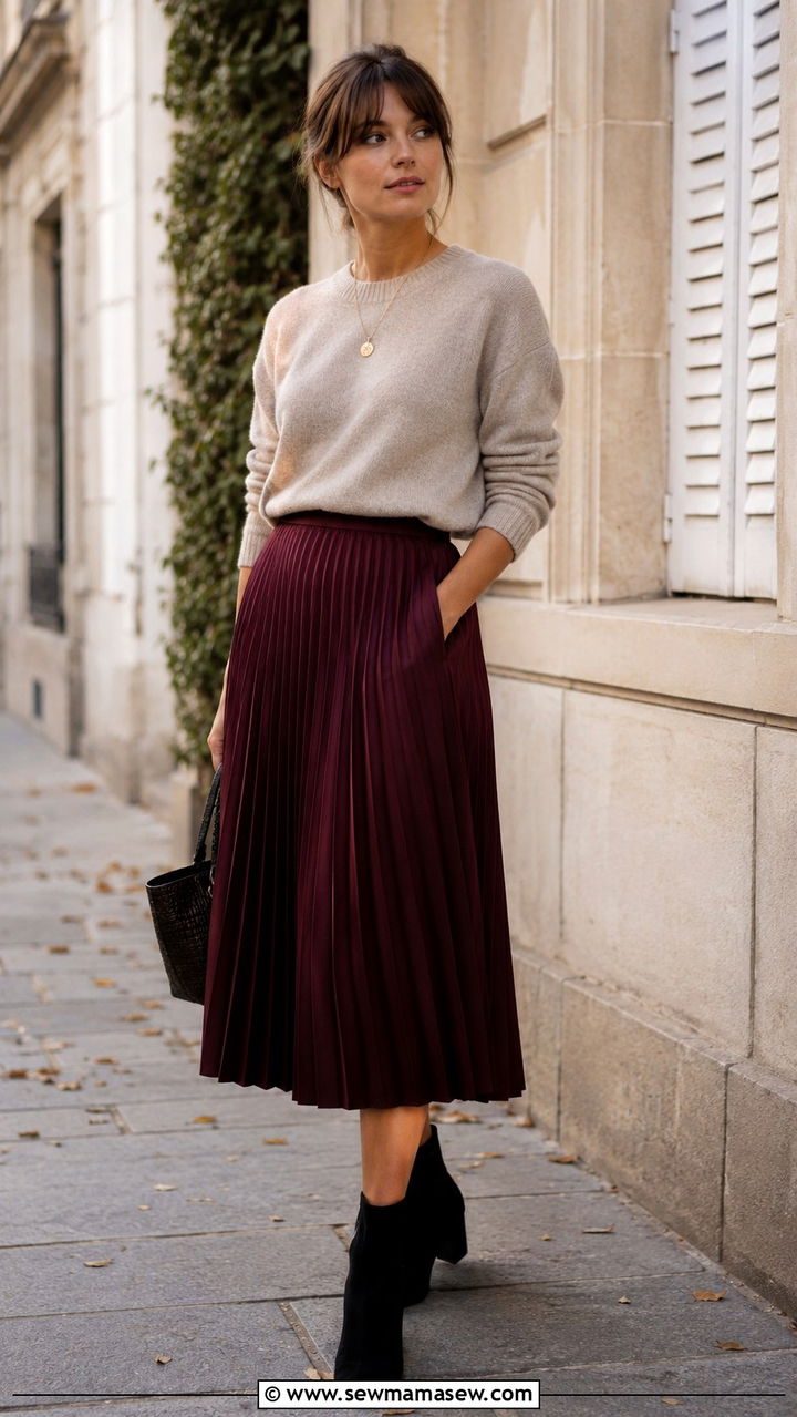 Cashmere Crewneck With Pleated Midi Skirt And Ankle Boots - 30 classy French girl outfits