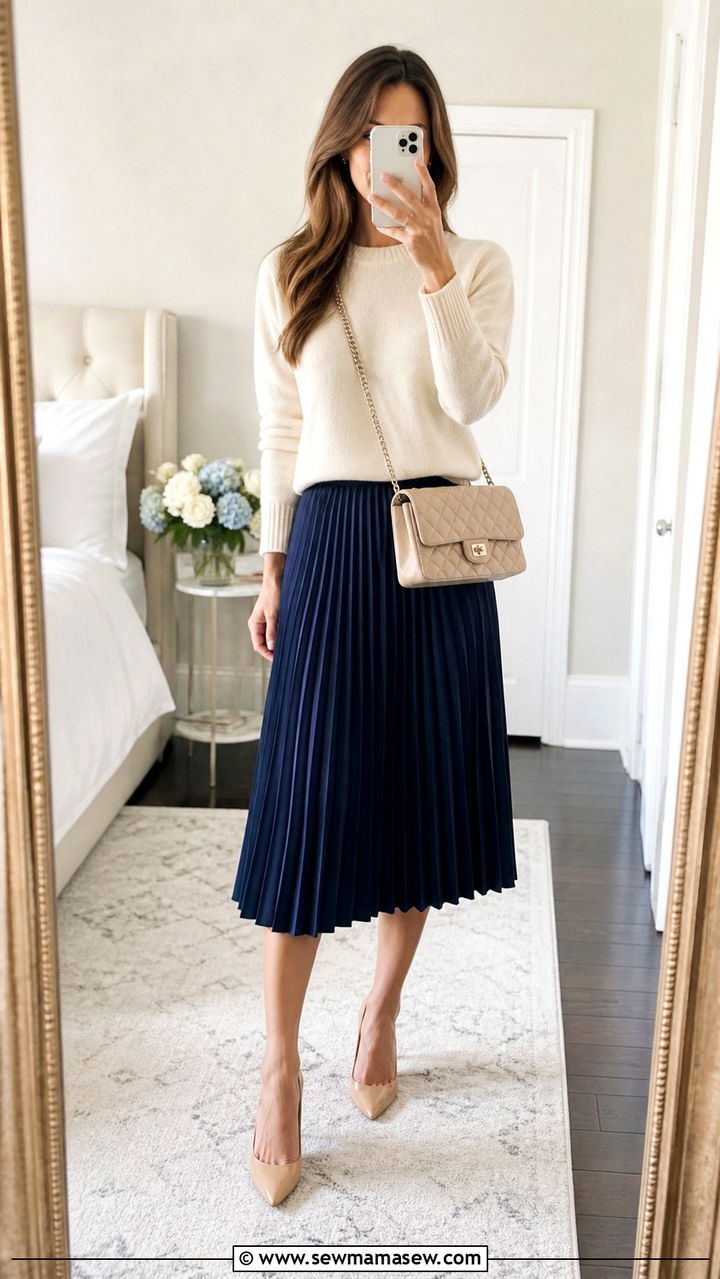 Cashmere Crewneck With Pleated Midi Skirt - 40 old money outfits for women