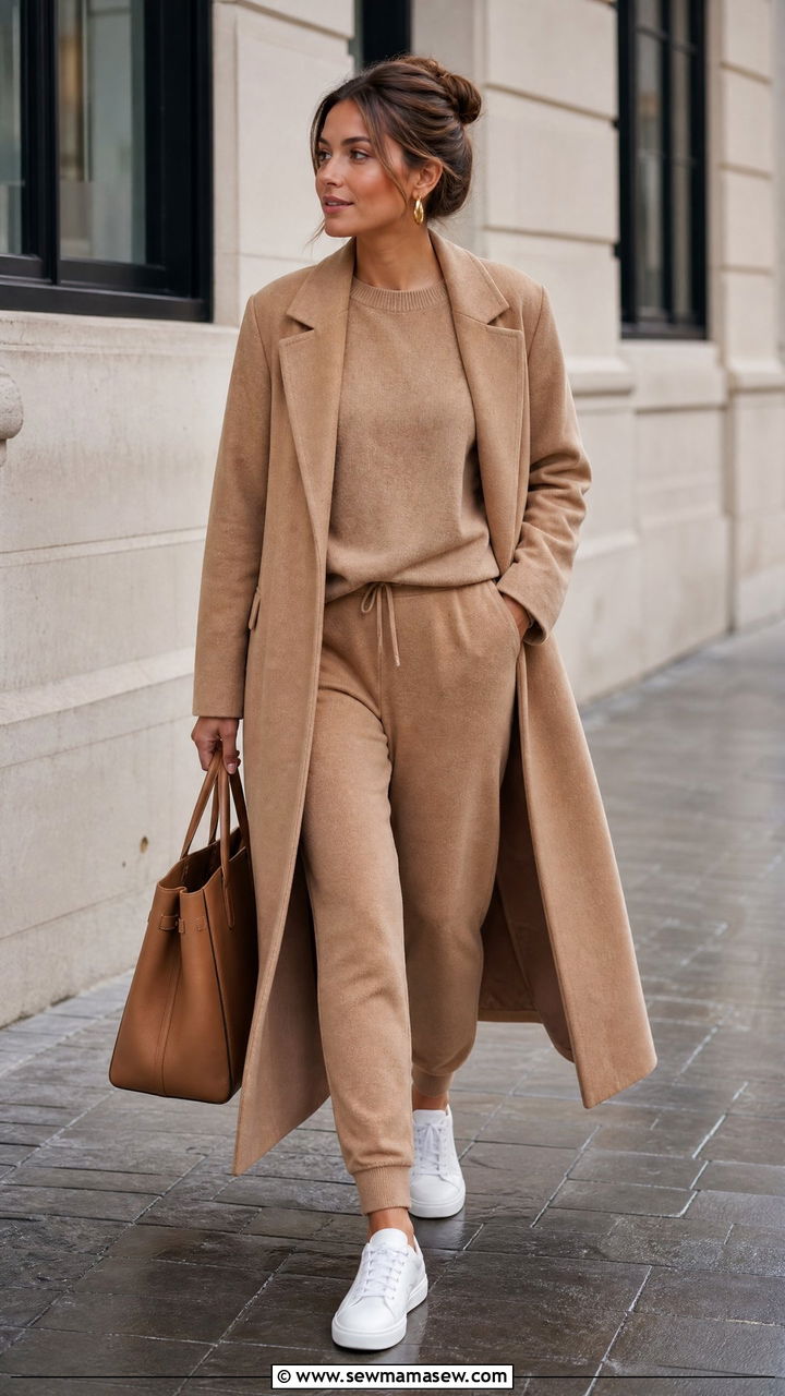 Cashmere Crewneck and Jogger Set With Long Coat - 30 Cozy spa day outfit ideas