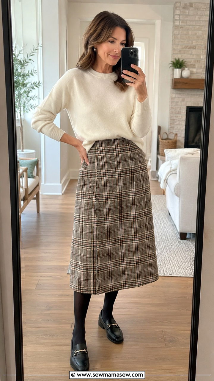 Cashmere Crewneck and Plaid Midi Skirt with Loafers - 20 dark academia outfit ideas for women over 40