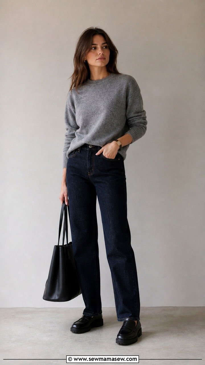 Cashmere Crewneck with Dark Wash Straight Jeans and Loafers - 40 jeans outfit ideas for women