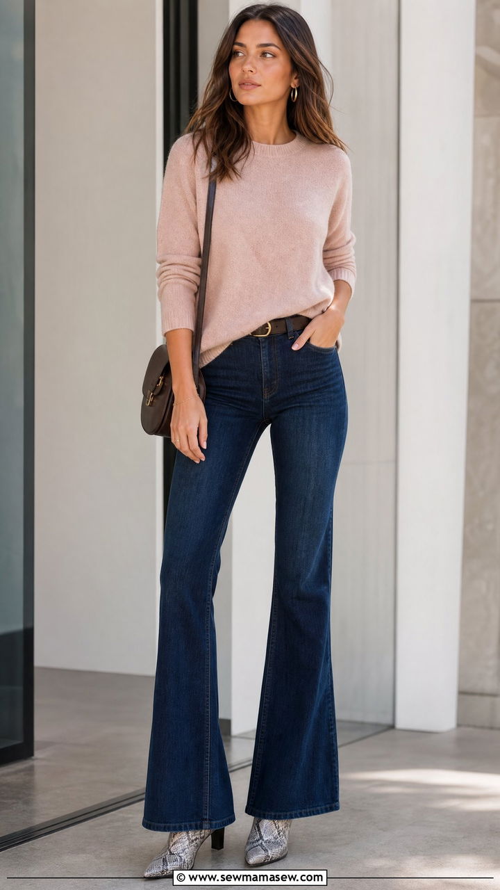 Cashmere Crewneck with Flare Jeans and Snakeskin Boots - 30 Flare jeans outfit ideas with boots