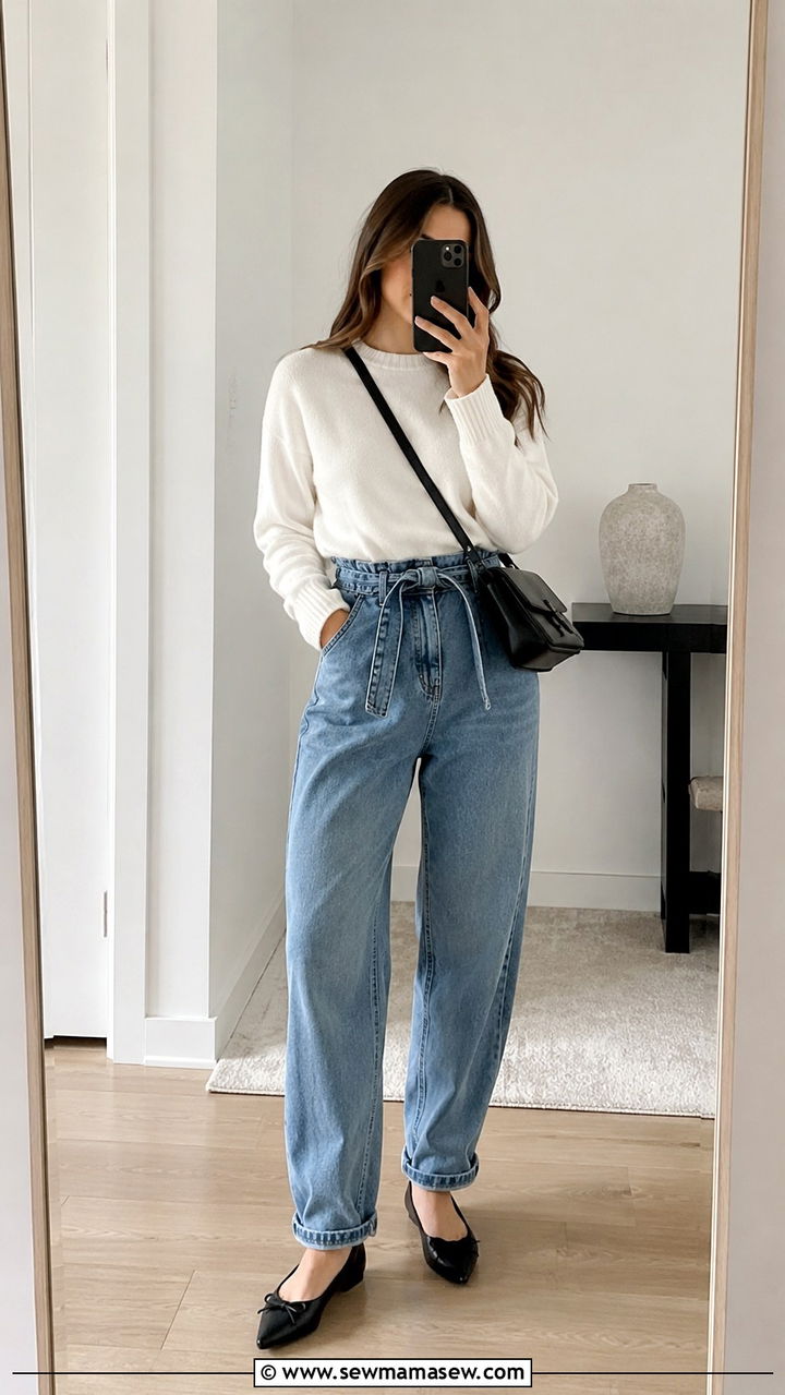 Cashmere Crewneck with Paperbag Waist Jeans and Ballet Flats - 20 Old money outfit ideas Gwyneth Paltrow