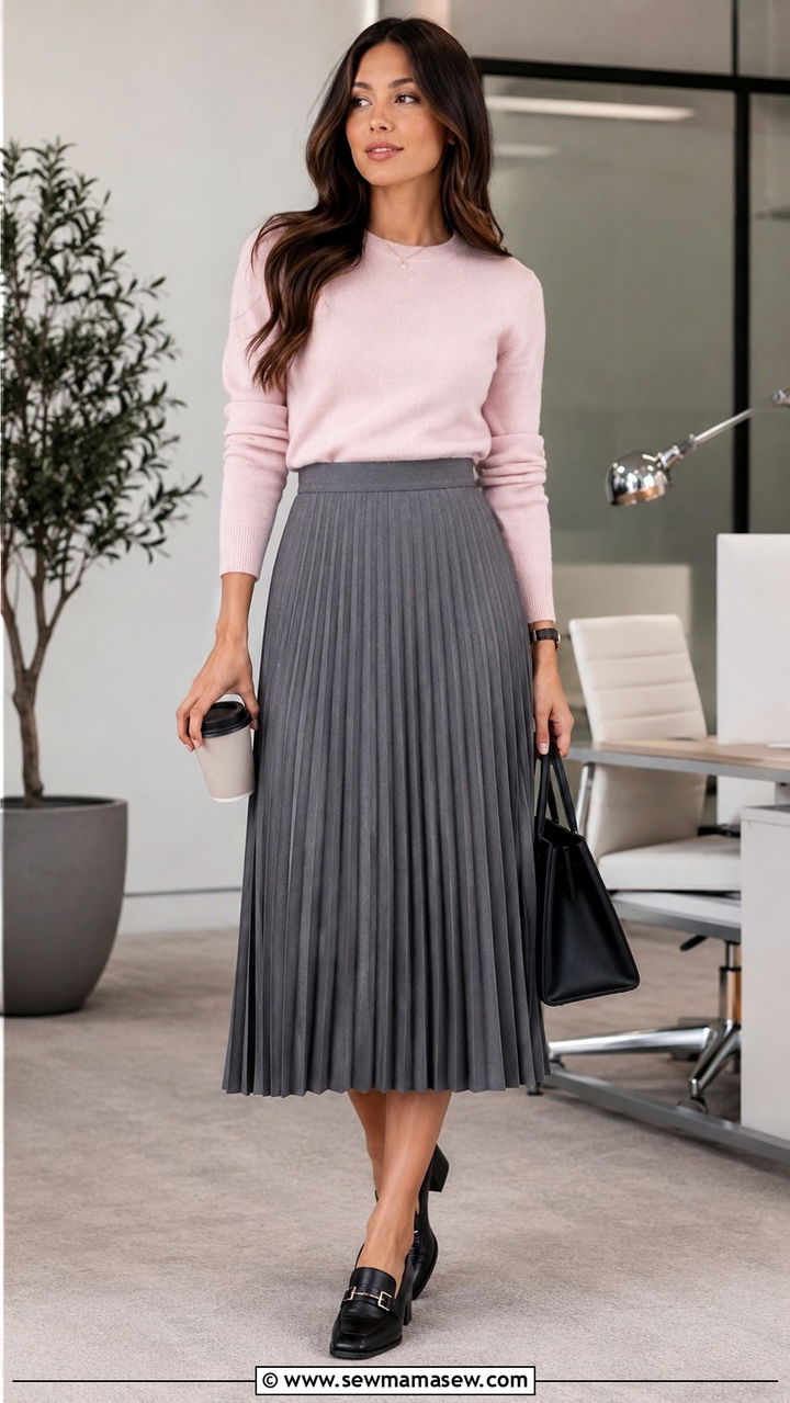 Cashmere Crewneck with Pleated Midi Skirt and Heeled Loafers - 30 preppy capsule wardrobe outfits