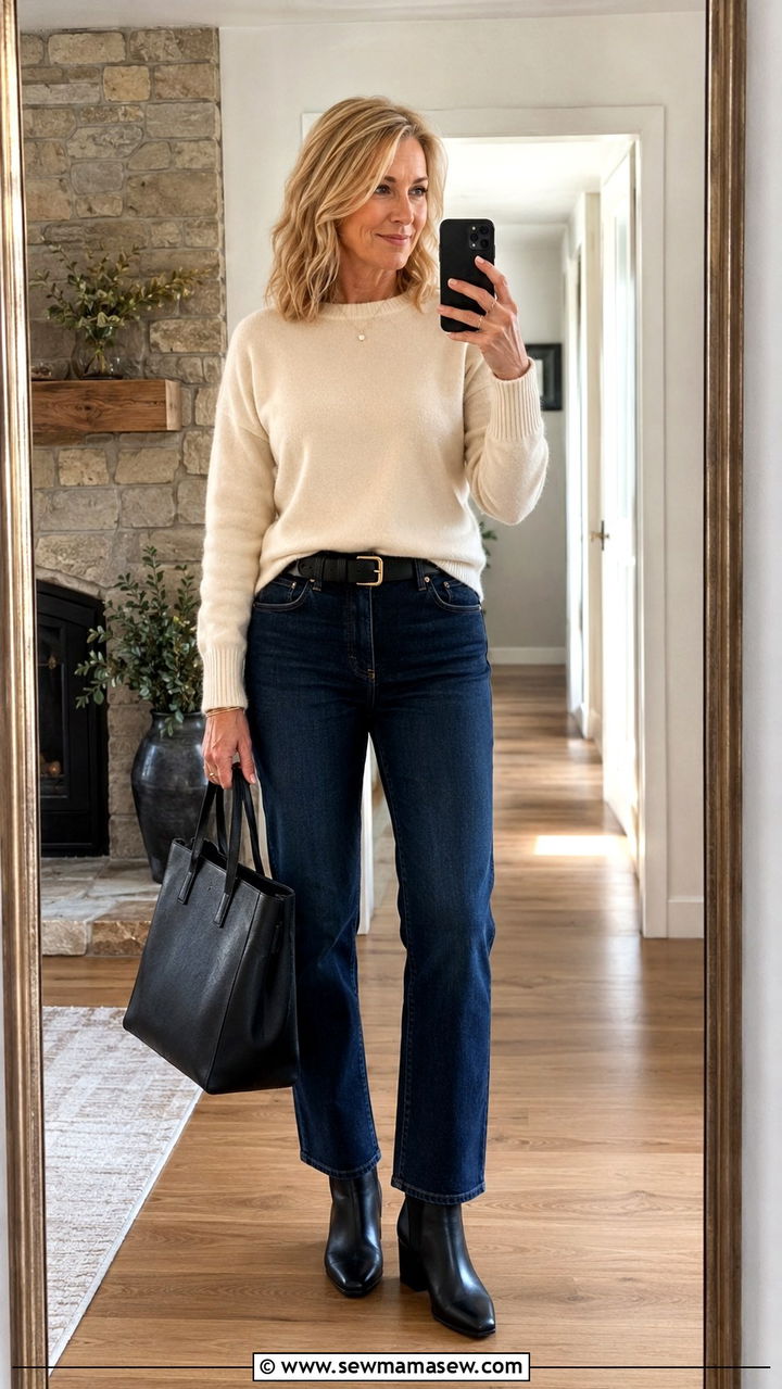 Cashmere Crewneck with Straight Leg Dark Denim - 30 Outfit ideas for women over 45