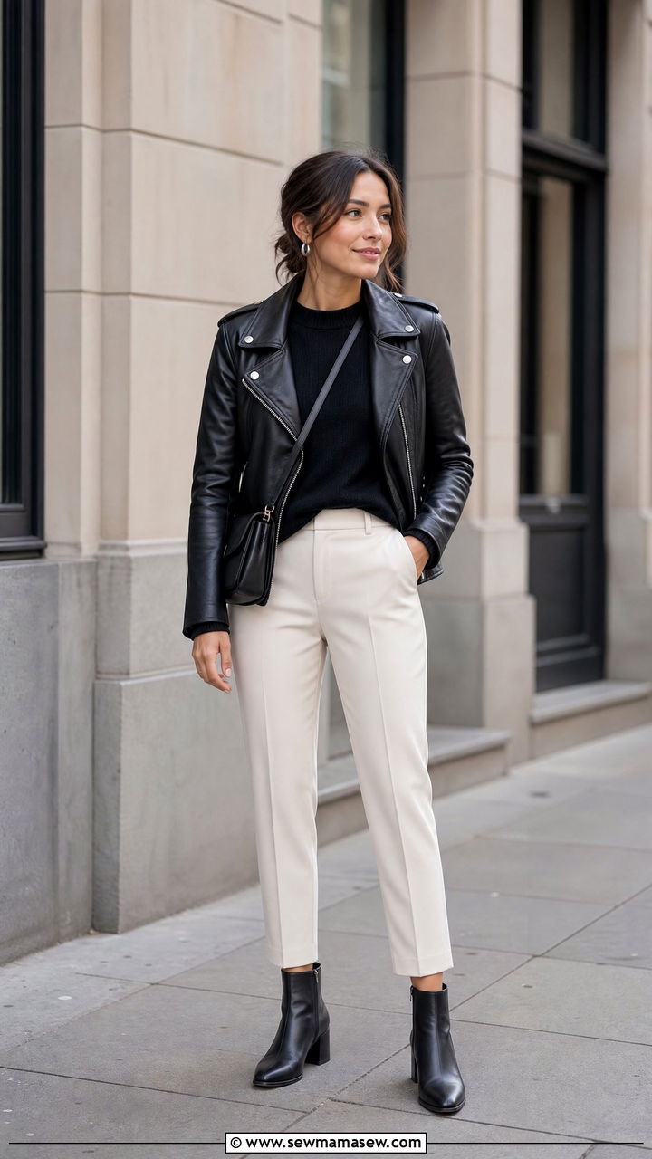 Cashmere Crewneck with Tailored Ankle Pants and Moto Jacket - 30 Clean girl outfits for petite women