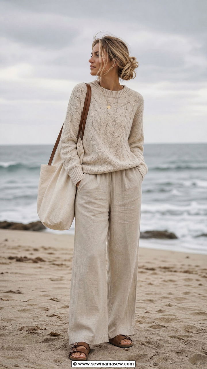 Cashmere Fisherman Sweater with Linen Pants - 25 classy coastal grandmother outfit ideas