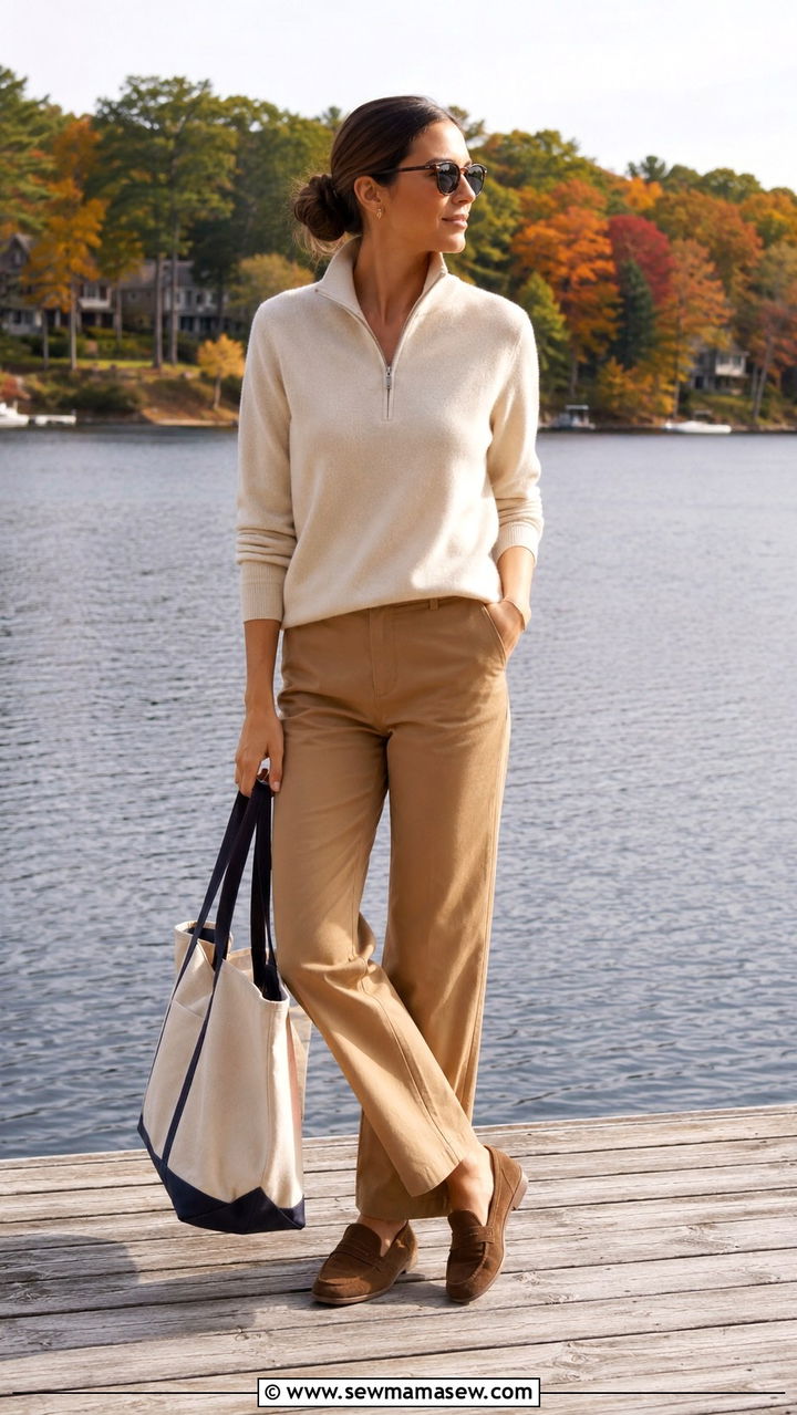 Cashmere Half Zip Sweater and Chinos - 25 Old money outfit ideas with cashmere