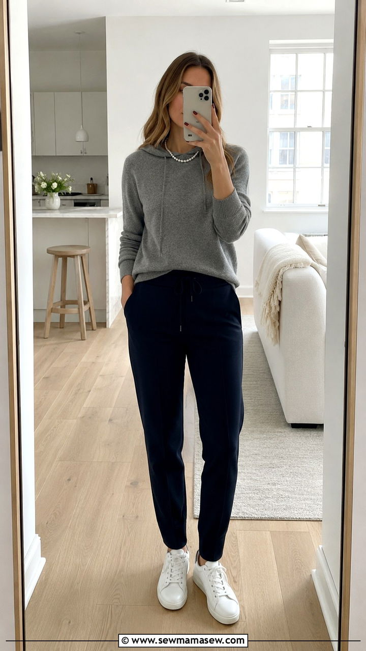 Cashmere Hoodie and Tailored Joggers With White Sneakers and Pearl Necklace - 25 Old money outfit ideas with pearls necklace